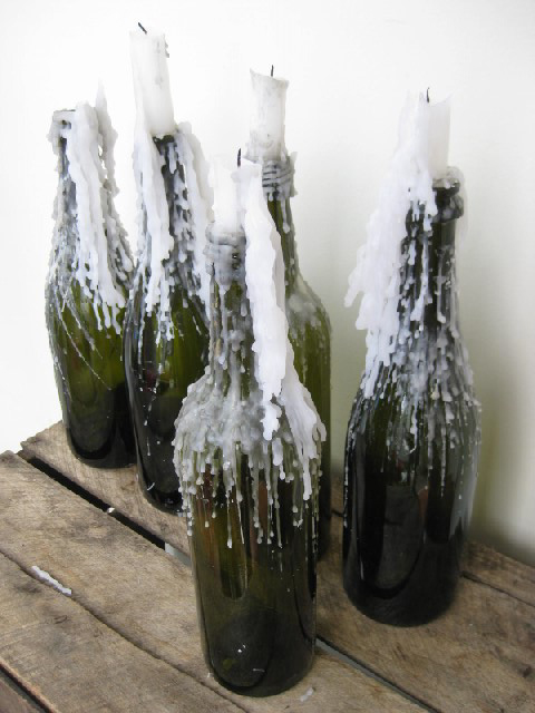 BOTTLES, Assorted Glass (Green w Candle Wax)